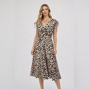 SINCERELY JULES Black and Cream Fit and Flare Midi Dress with Tie Front/size S